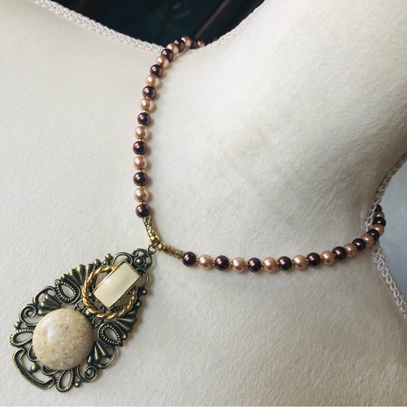 Hand Crafted Jewelry - Handcrafted repurpose filigree pendant Czech Pearl necklace